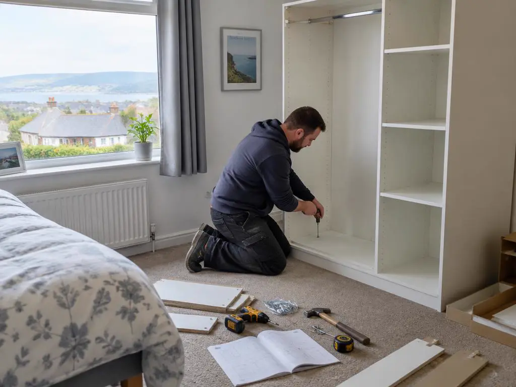 Handyman assembling a flat-pack wardrobe in a bedroom in Armagh
