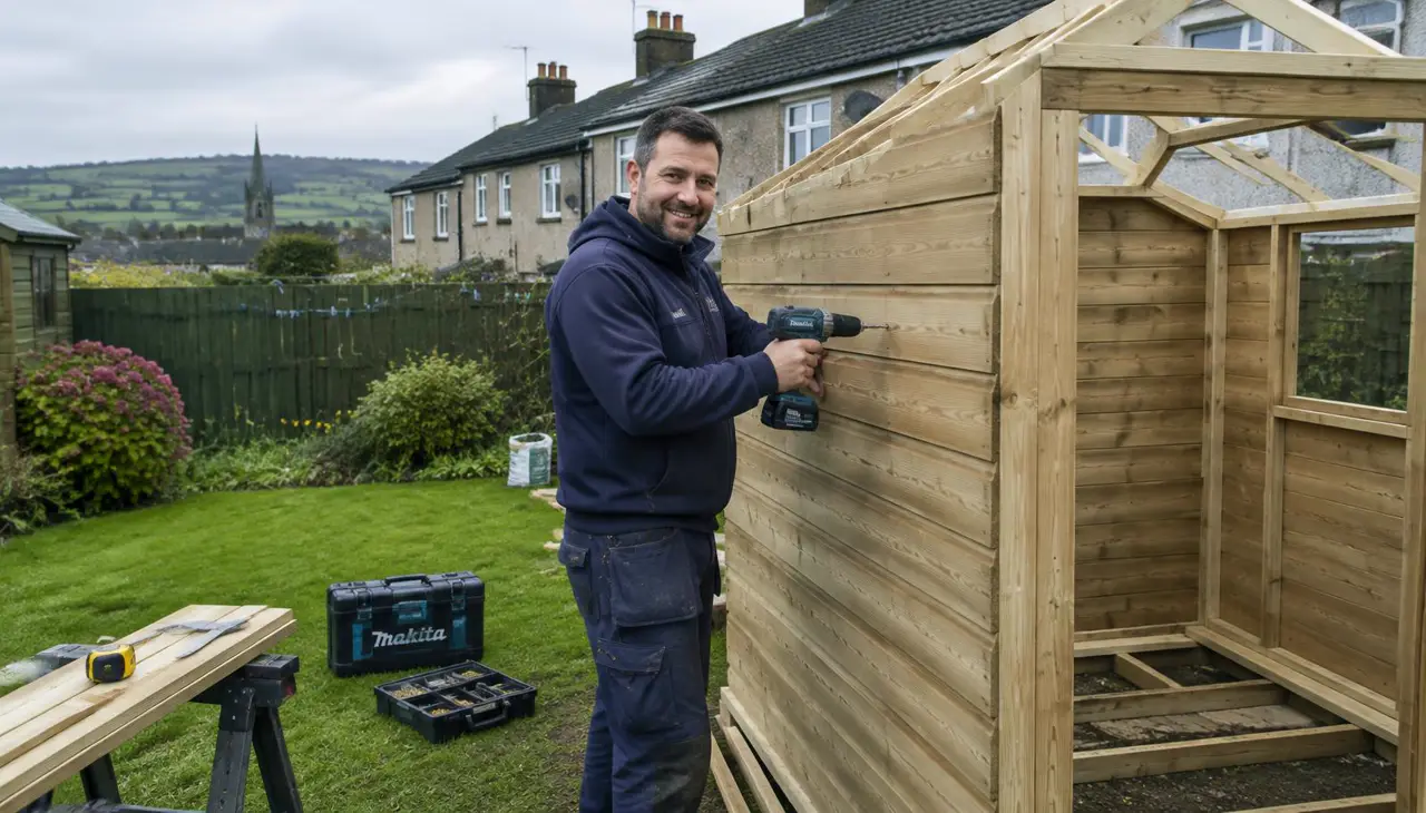 Handyman assembling a timber garden shed in a back garden in Armagh
