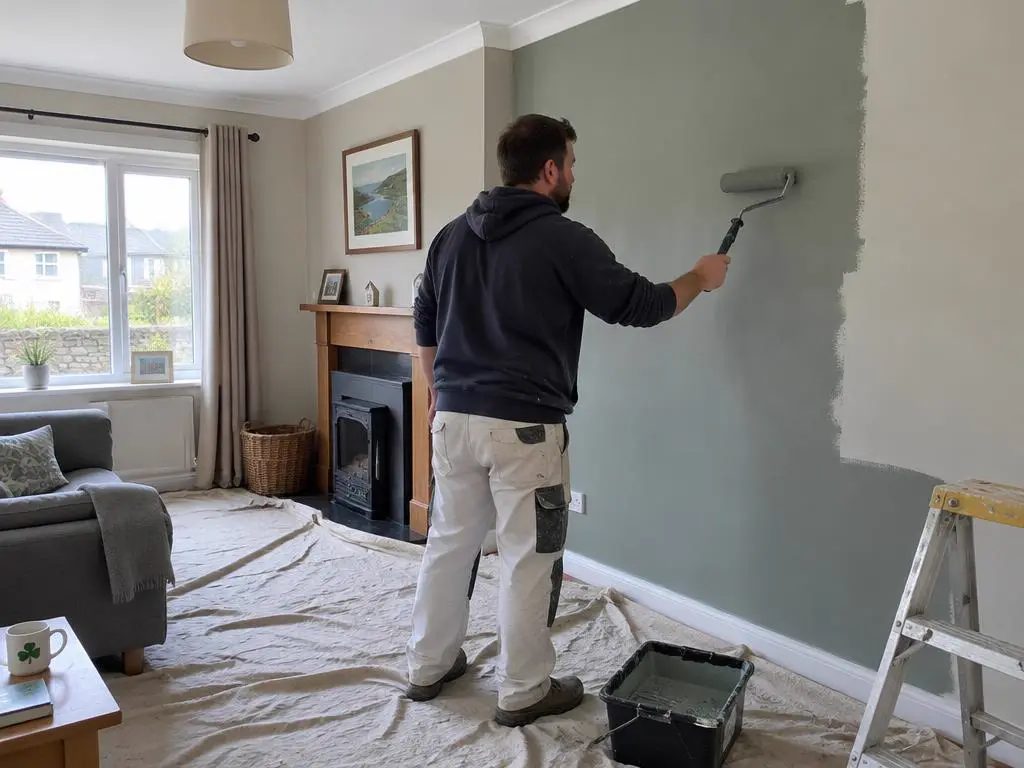 Living room wall being painted with a roller by a handyman in an Armagh home